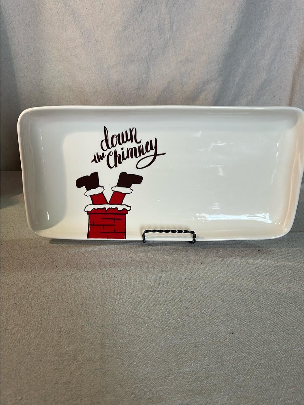 Rae Dunn White Ceramic Holiday Platter with Red Chimney Graphic